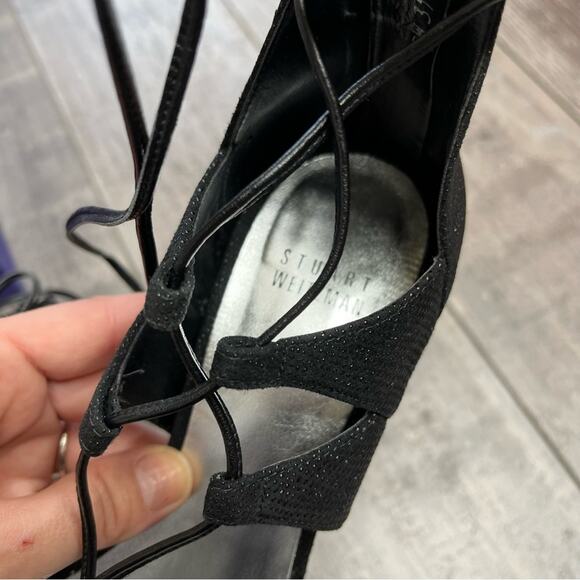 STUART WEITZMAN Legwrap Black Goose Bump Stiletto Sandal Heels with Box 8.5 - Picture 9 of 15